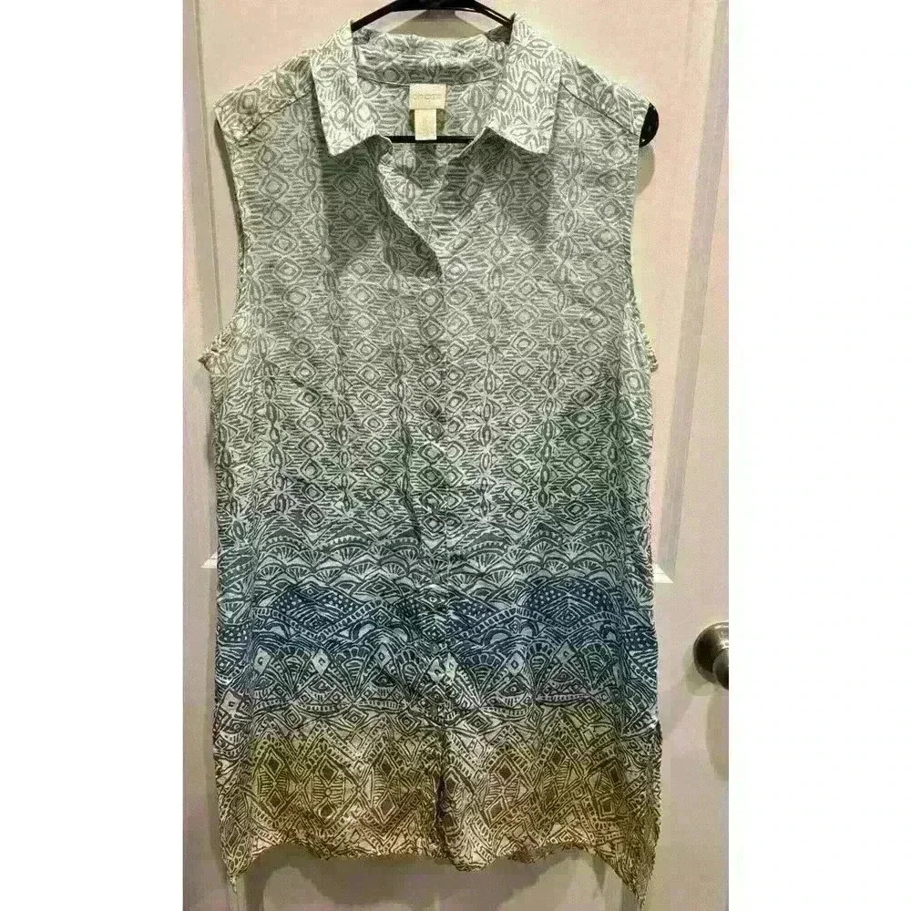 Chicos Size 2 Women’s Sleeveless Button Down Linen Tunic Dress